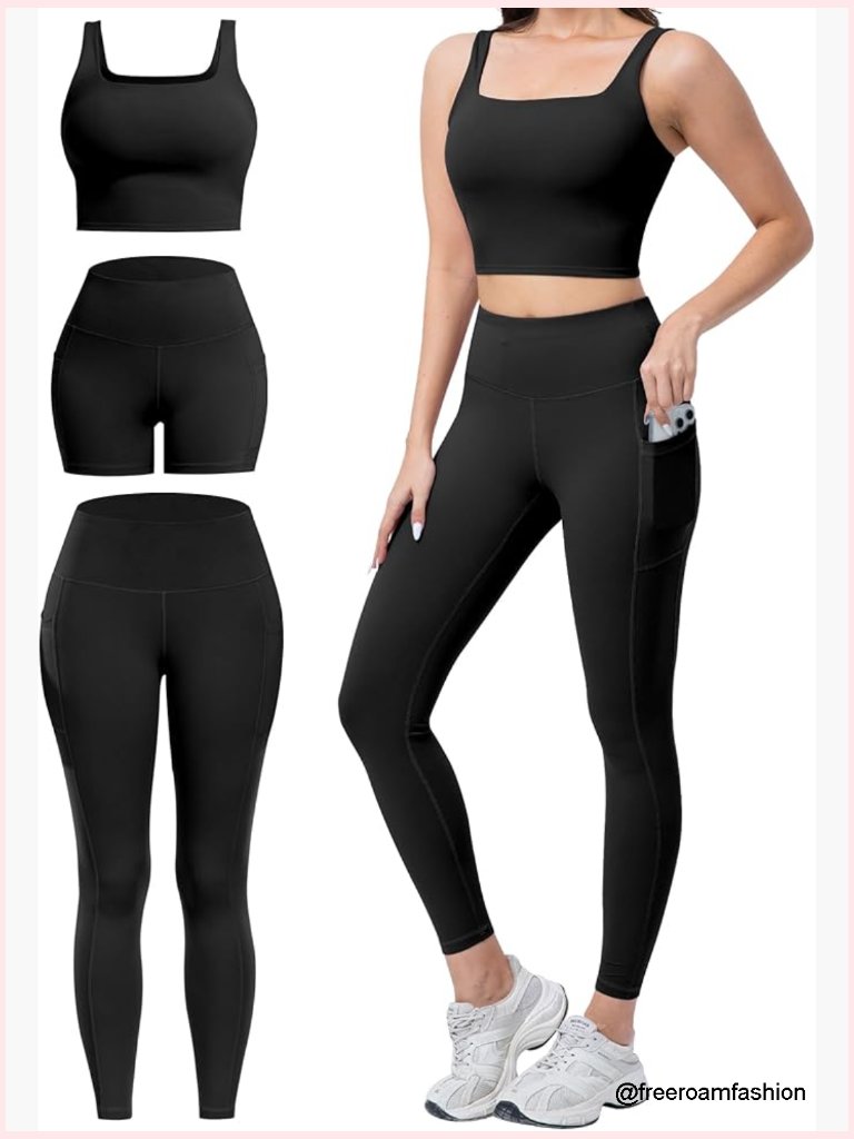 3 Piece Workout Sets High Waisted Leggings With Pockets Biker Shorts Yoga